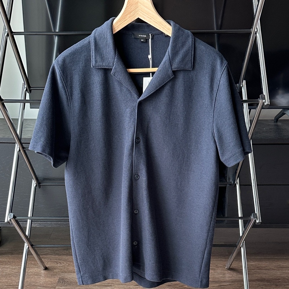 Vince Dark Blue Camp Collar Short Sleeve
